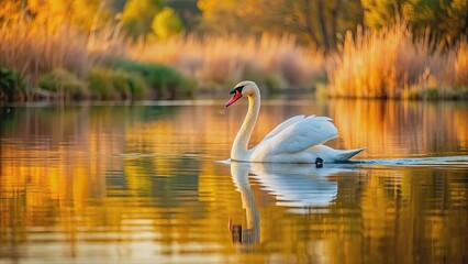 Fototapeta premium Graceful swan gliding on tranquil lake, swan, bird, water, wildlife, nature, graceful, elegant, peaceful, serene, beauty