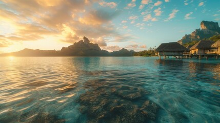 Breathtaking Bora Bora sunset overwater bungalow resort with crystal clear lagoon and majestic mountains