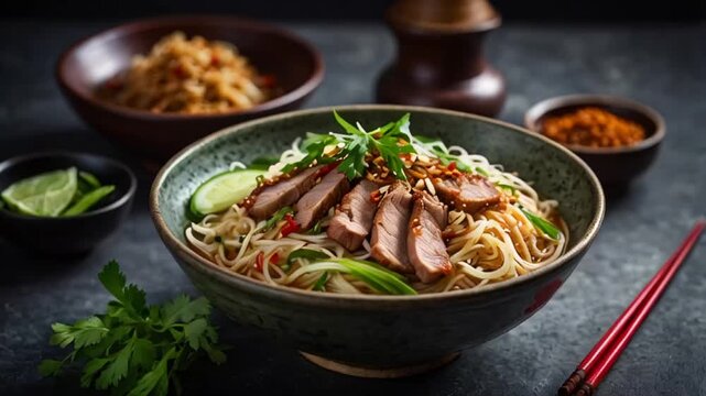 Cao lau noodles with pork traditional food Vietnam delicious