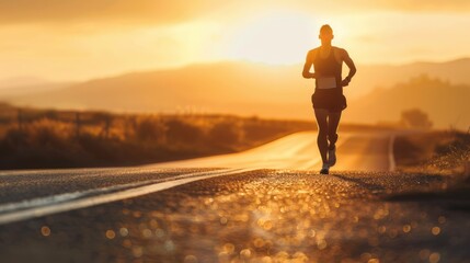 Fototapeta premium Focused runner athlete sprinting along a scenic sunrise road, highlighting determination and endurance in early morning light, ideal for fitness motivation, marathon training, and active lifestyle con