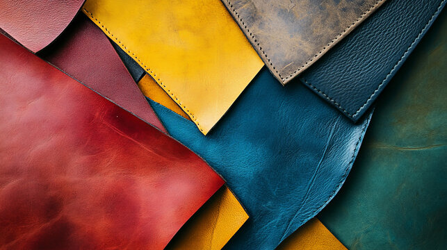 Close-up of different colored leather pieces overlapping each other. The leathers include bold colors like red, teal, mustard yellow, and forest green, each with a smooth, matte finish.