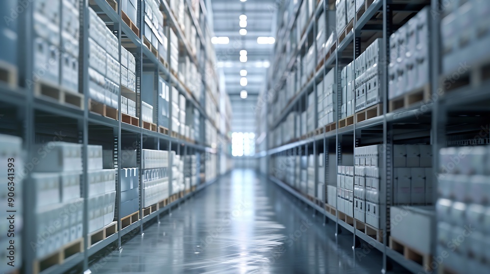 Poster rows of shelves with boxes in the factory warehouse a perfectly white clean warehouse smooth boxes s