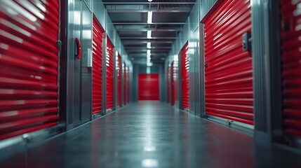 Fototapeta premium Storage corridor warehouse Self storage facility red and gray metal doors with locks Moving organizing storage concept : Generative AI