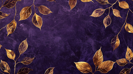 A lavish pattern design showcasing golden leaves with delicate veining on a royal purple background, creating a regal and luxurious appearance.