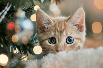 Orange Kitten Playfully Hiding Under Christmas Tree With Sparkling Lights