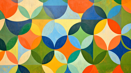 A vibrant geometric pattern with overlapping circles in bright shades of orange, green, and blue, creating a lively and energetic design.