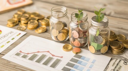 Three jars filled with coins and small plants, alongside financial charts and documents, symbolizing investment and financial growth.
