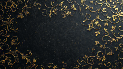 A matte black background with delicate gold filigree patterns. The intricate gold designs add a touch of vintage elegance to the sophisticated black surface.