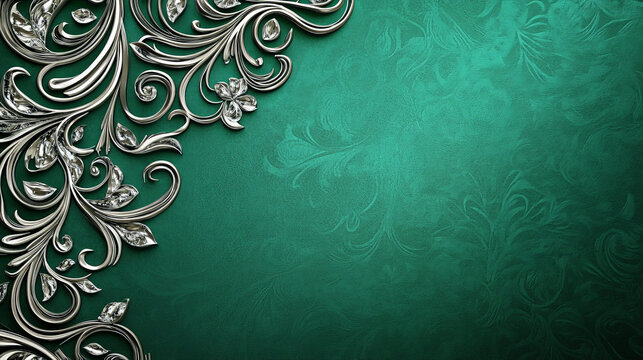 A vibrant emerald green background with intricate silver patterns. The combination of rich green and sparkling silver exudes opulence and luxury.