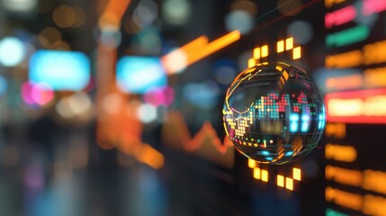 A digital representation of financial data with colorful lights and charts, set against a blurred cityscape background, symbolizing global finance.