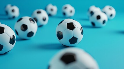Fototapeta premium Realistic 3d render of classic soccer balls on a minimalistic blue background with ample copy space - perfect for sports-themed designs, promotional banners, and soccer-related concepts