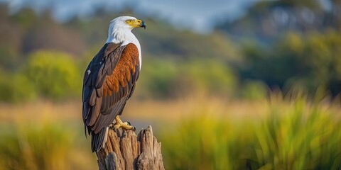 Obraz premium African fish eagle perched regally on a tree stump , wildlife, bird of prey, majestic, predator, Africa, animal, nature, tree