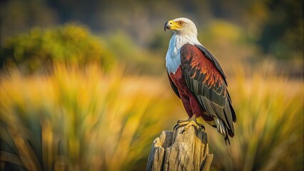 African fish eagle perched majestically on a tree stump, Africa, bird of prey, wildlife, majestic, wilderness