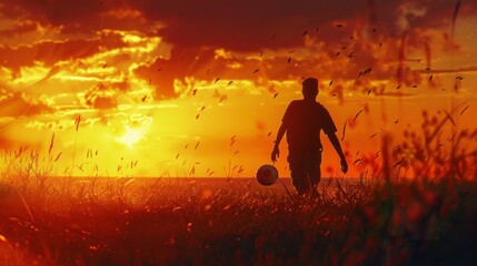 Silhouette of a soccer player kicking a football against a vibrant sunset sky, capturing the passion and energy of the game in a dramatic outdoor setting, perfect for sports themes, inspirational post