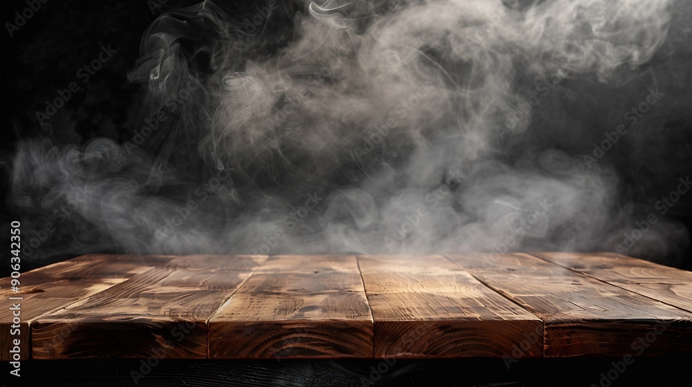 Poster On a black background an empty wooden table with smoke floats up Empty space for displaying your products with a smoke float up on a dark background Space available for displaying your : Generative AI
