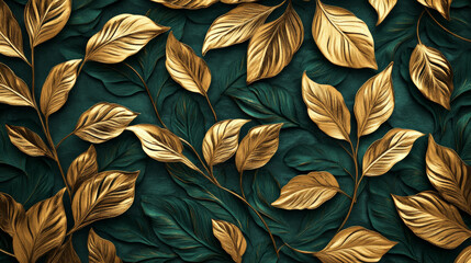 A luxurious pattern design featuring intricately detailed gold leaves on a deep emerald green background, creating an elegant and sophisticated look.