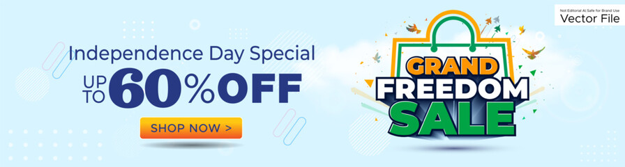 Indian Grand freedom shopping sale offer banner design. 60% off Independence day special. © New concept & ideas