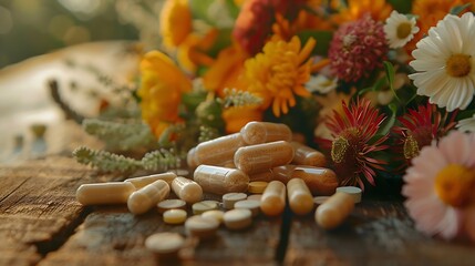 Fototapeta premium Different pills herbs and flowers on wooden table closeup Dietary supplements : Generative AI