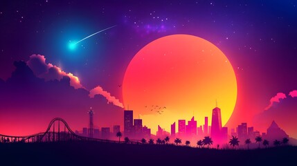 Thrilling Night Ride on Roller Coaster with Light Trails, National Roller Coaster Day Celebration, Flat Design with Copy Space for Text