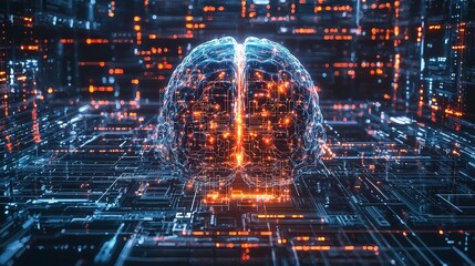 Illuminated Futuristic AI Brain with Glowing Circuits and Data Connections