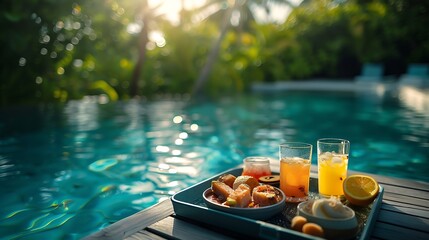 Obraz premium served floating tray in swimming pool with drinks and snacks on tropical island resort in Maldives breakfast for romantic date or honeymoon in luxury hotel travel concept : Generative AI