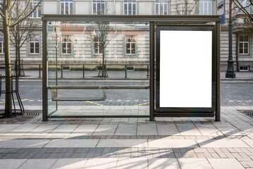 Blank White Mockup Of Bus Stop Vertical Poster Billboard In Front Of Empty Street Background