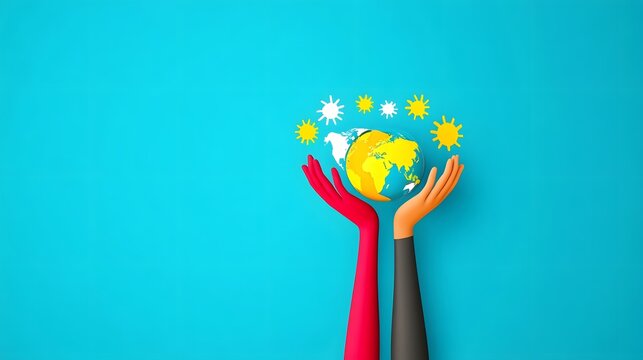 Global Unity on World Humanitarian Day - Hands Holding the World Illustration with Copy Space for Text in Flat Design