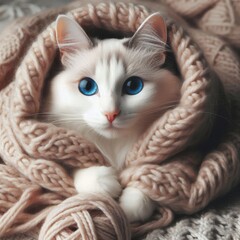 A white cat with blue eyes wrapped in a warm woolen blanket
