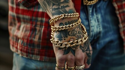 Closeup of a Man's Hand with Gold Chains and Tattoos