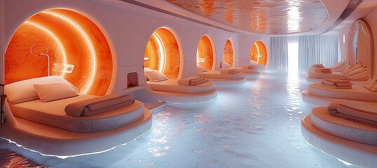 Futuristic spa offering advanced holistic health treatments such as sensory deprivation tanks and AIguided massages