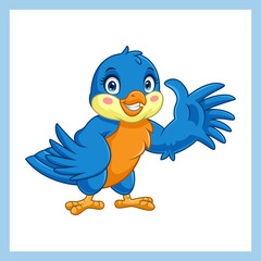 Cartoon blue bird waving on white background