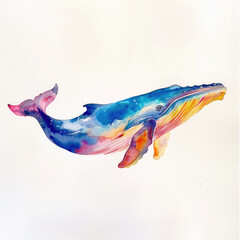 Fototapeta premium Vibrant Watercolor Painting of a Blue Whale in Abstract Colors on White Background