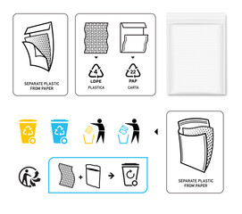 Instruction icon set for recycling padded envelopes and bubble mailers. Vector elements are made with high contrast, well suited to different scales. Ready for use in your design. EPS10.