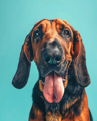 close up of a Bloodhound is standing with its tongue out