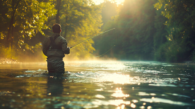 a man fly fishing in a river early morning