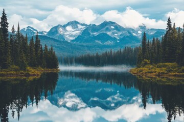 Mountain Range Reflected in a Serene Lake with Mist