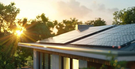 Obraz premium Solar panels on top of a roof of a modern house, installation, eco-friendly green nature, home energy solutions, professional photography