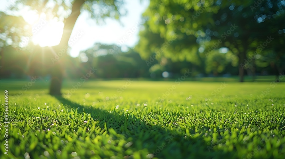 Poster blurred photogreen tree background view of the wild grass lawn light sky : generative ai