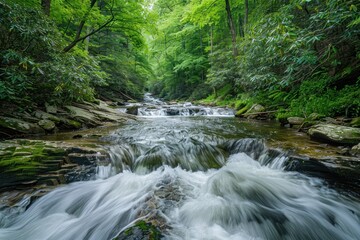 Obraz premium Scenic view of a river flowing through a lush green forest with white rocks in the foreground and bright green moss-covered rocks on the banks
