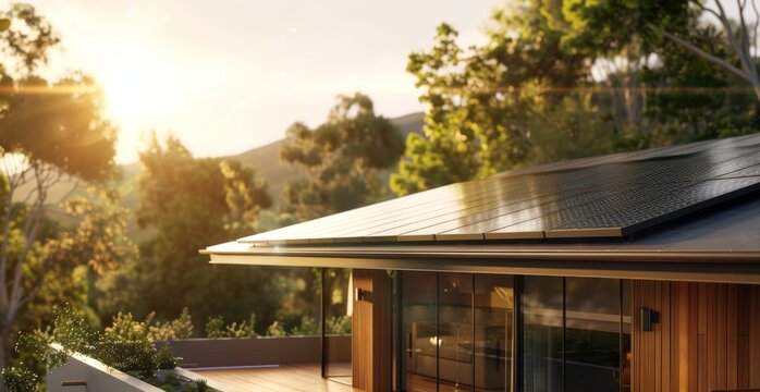 Solar panels on top of a roof of a modern house, installation, eco-friendly green nature, home energy solutions, professional photography