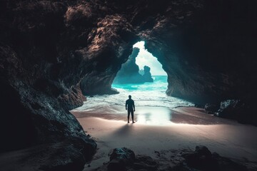 Solitary Figure Admires the Ocean from a Cave Entrance