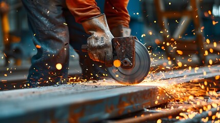 Mature construction worker cutting metal with circular hand saw : Generative AI