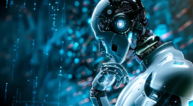 Modern pensive cyber robot is in abstract shining cyberspace