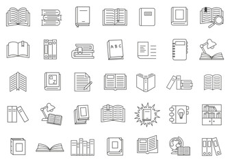 Library. Icons of textbooks for learning. A set of literature in the library are drawn with a thin line. Vector illustration.