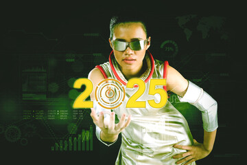 futuristic young woman showing 2025 new year numbers