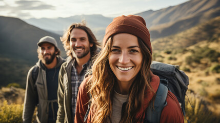 Group portrait features friends embarking on a mountain hike. The team radiates joy, forming a tight-knit bond while exploring nature during their adventurous and fulfilling vacation.