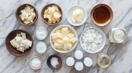 A variety of natural ingredients and containers are organized for a DIY lip balm project, showcasing the process of crafting personalized lip care products
