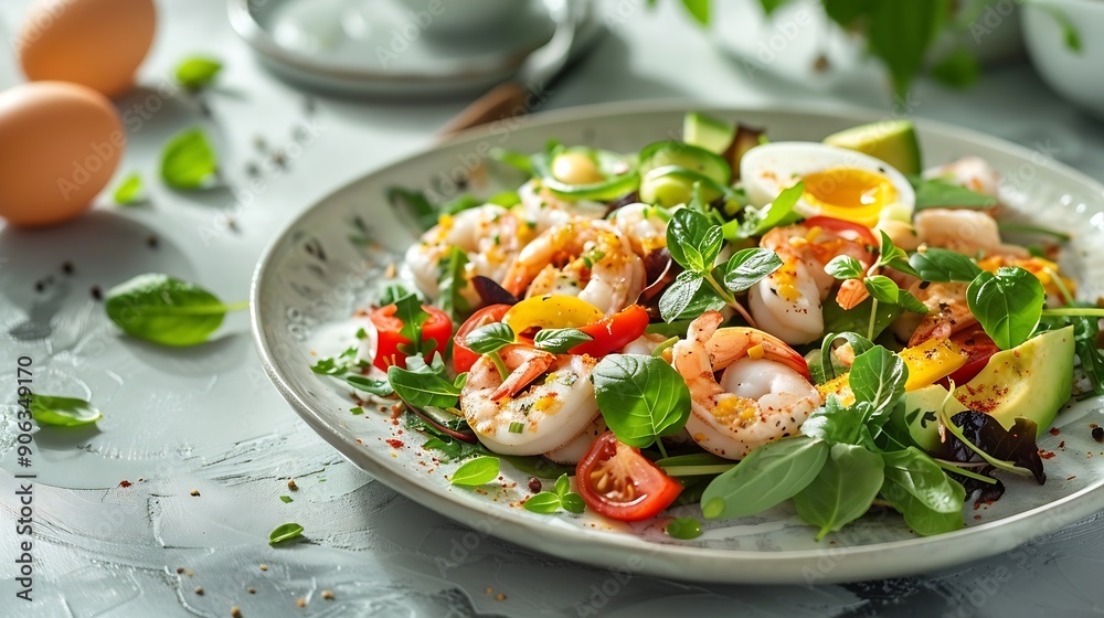 Poster Healthy salad with squid and avocado on white plate with harsh shadows Calamari salad with vegetables and eggs on white background with shadows of leaves Summer food menu : Generative AI