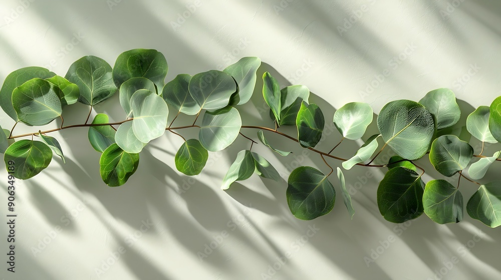 Poster green eucalyptus branch with shadows on empty light grey background backdrop for natural product pre