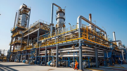Fototapeta premium Modern Petrochemical Plant with Advanced Distillation Columns and Intricate Pipelines Industrial Facility Concept